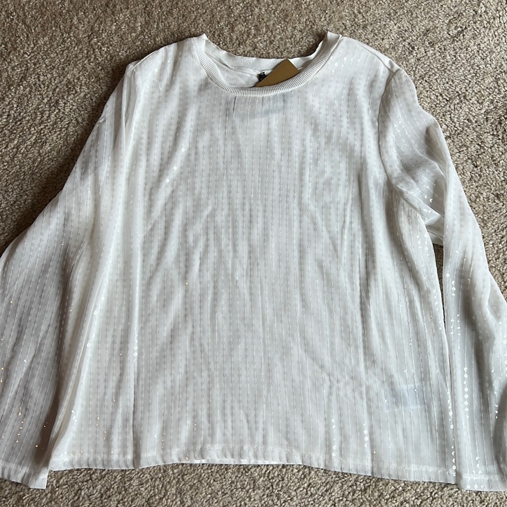 Donna Karen New York white sequin lined long sleeve shirt top blouse size XL